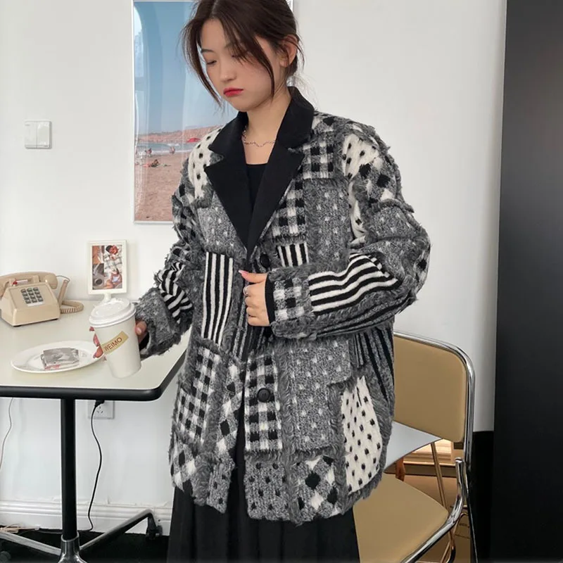 

Autumn New Women Contrast Color Stripes Dots Burrs Patchwork Plaid Woolen-clothes Coat Notched Collar Long Sleeve Female Outwear