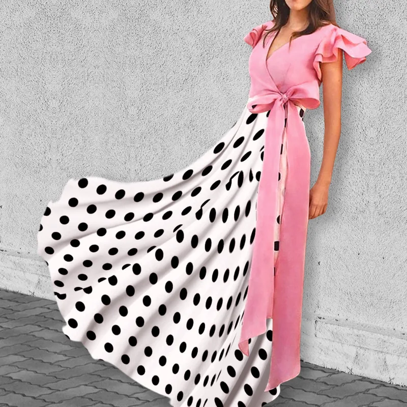 

XUXI Women Spring 2021 New V-neck Belt Pink Dots Slim Stitching Polka Dot Dress Fashion Short Sleeve Skirt Streetwear E1828