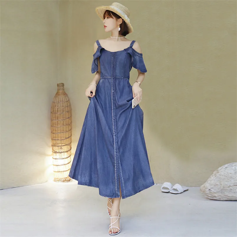 

Summer Women Denim Dress 2020 Vintage Girl's Dresses Off-shoulder Single Breasted Swing Hem Vestidos Female Dress 2228
