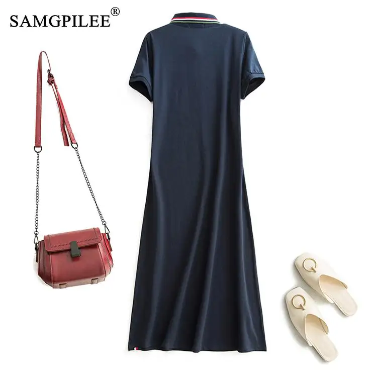 

Dresses Summer 2021 Woman Casual Dress A-line Solid Plus Size Women Short Sleeve Mid-calf Polo Dresses Women Summer Sundress 3XL