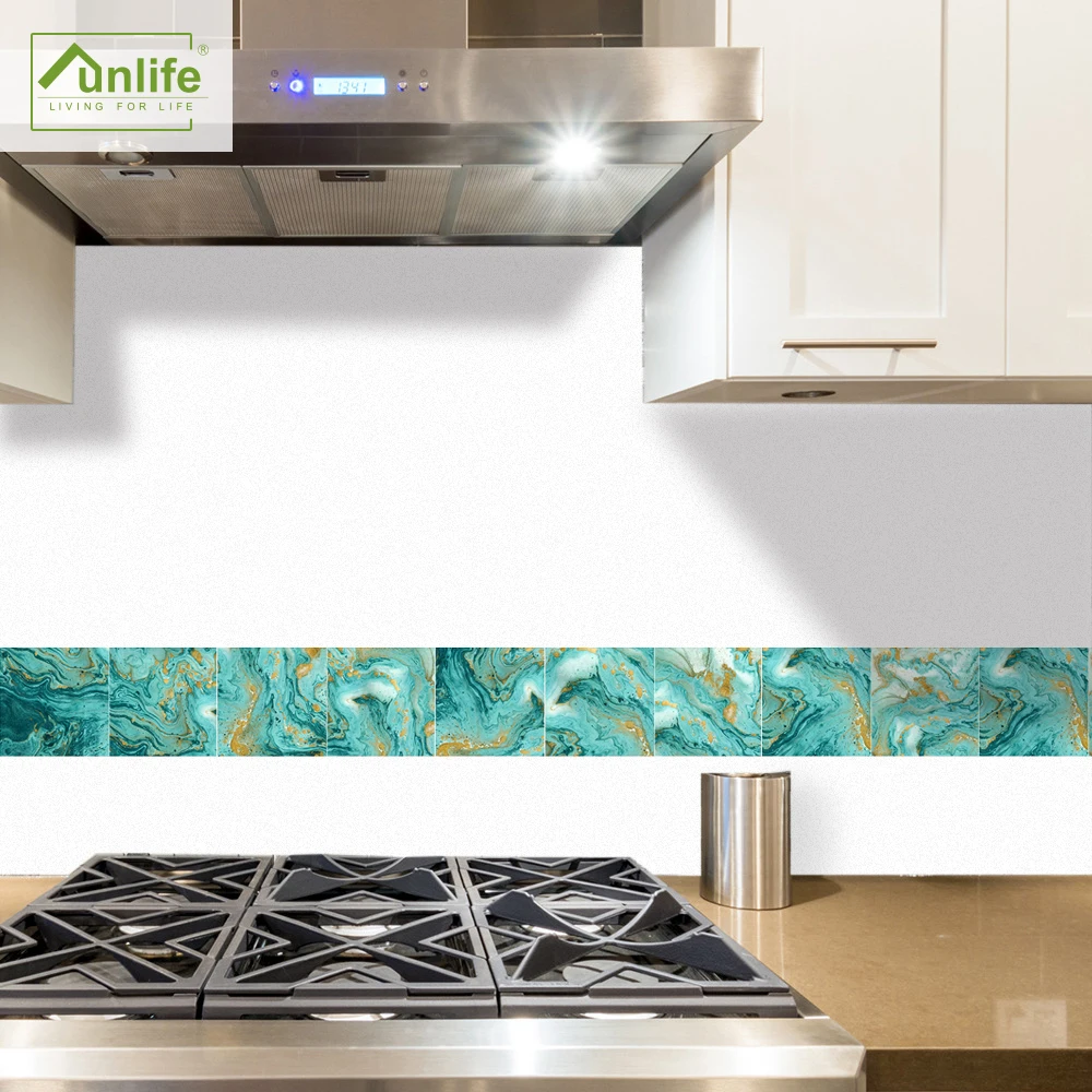 

Funlife® Malachite Blue Wall Stickers Waterproof Kitchen Self-Adhesive Vinyl Tile Stickers Removable Decoration Home Wall Border