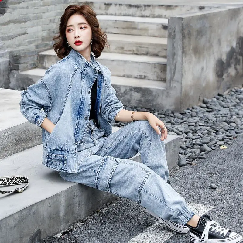

Cowboy Suit Women's Spring and Autumn 2021 New Jacket Two-piece Loose Casual Tooling Trousers