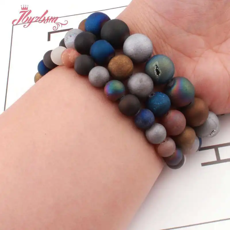 

Natural Metallic Coated Druzy Agates Round Mixed Color Loose Beads 6/8/10/12MM Stone Beads For DIY Necklace Jewelry Making 15"