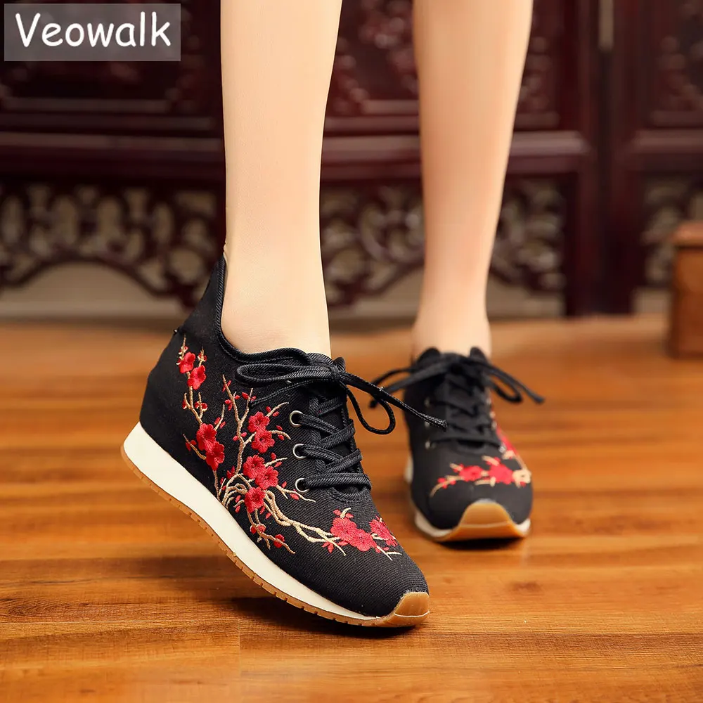 Женские холщовые кроссовки Veowalk с вышивкой цветущей сливы удобная обувь со