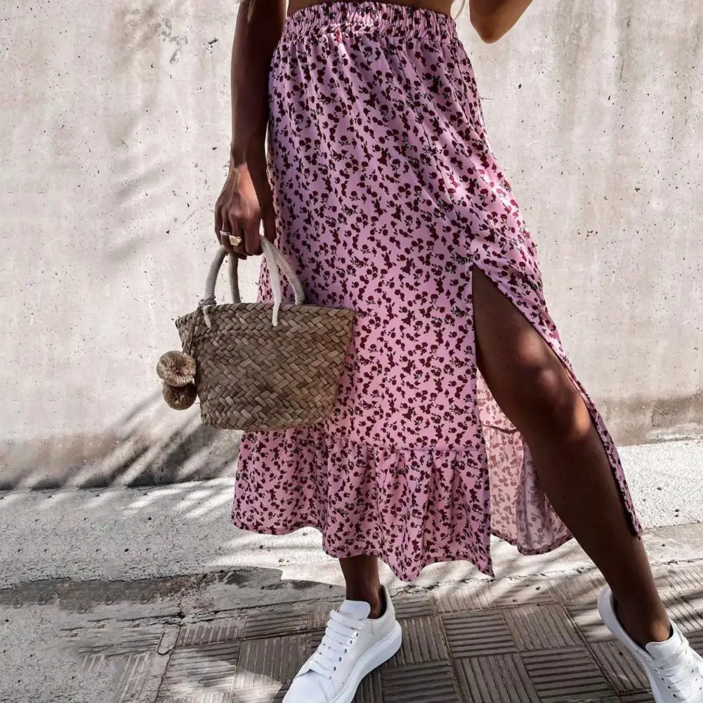 

Bohemian Women Skirt Summer 4 Colors A-line Wide Hem Skirt Long Skirt Split Floral Print Ruffle Stitching Skirt Women 2021
