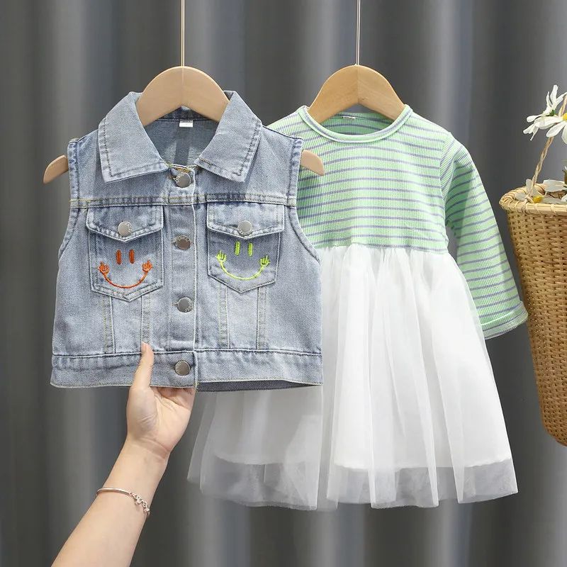 Весенние комплекты одежды для маленьких девочек 2021 джинсовый жилет + платья