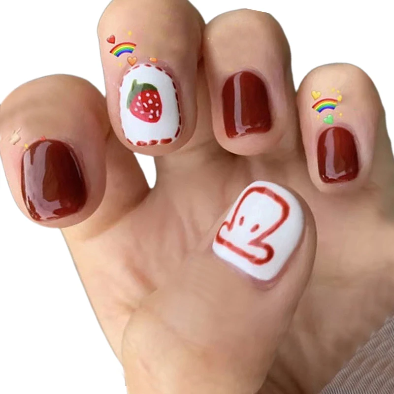 

2021 24 шт. короткие ногти клубнично-Красного цвета модные маникюрные накладные ногти экономят время носимые ногти накладные ногти EY