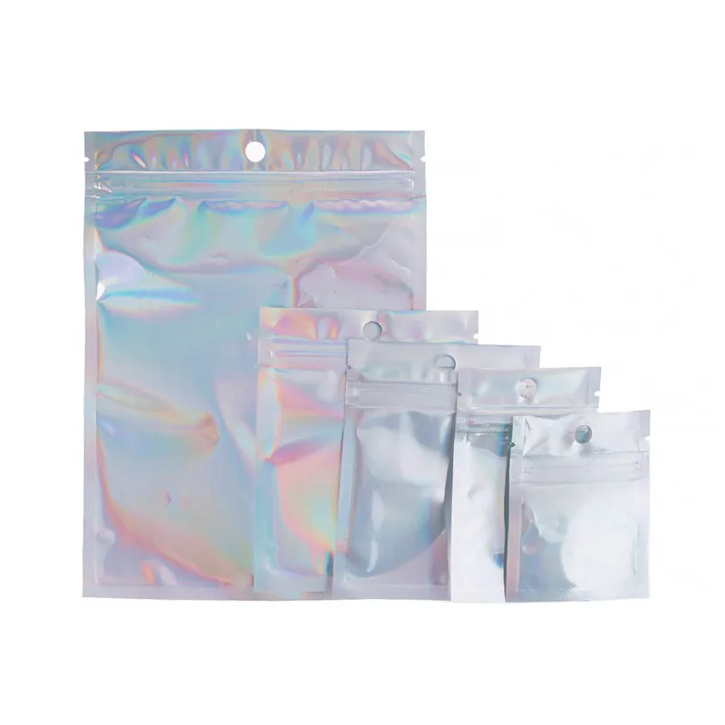 

100pcs/lot 5 Sizes Flat Iridescent Zip Lock Bags Pouches Plastic Laser Iridescent Bags One Side Clear Zipper Bag