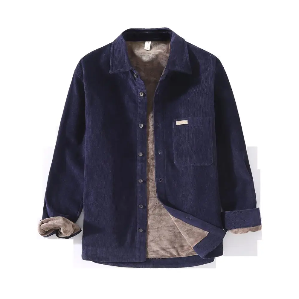

Vintage Corduroy Warm Fleece Lining Long Sleeve Men Shirt Winter Fashion Solid Color Harajuku Japan Casual Style Retro Tops Male