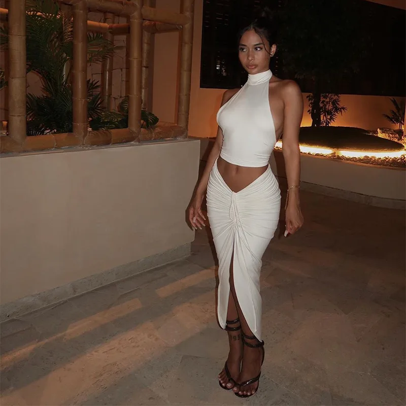 

Elegant Split Bodycon Bandage Midi Dress Sets Women Summer Party Sexy Halter Crop Tanks Tops And Long Skirt Suits Two Piece Set