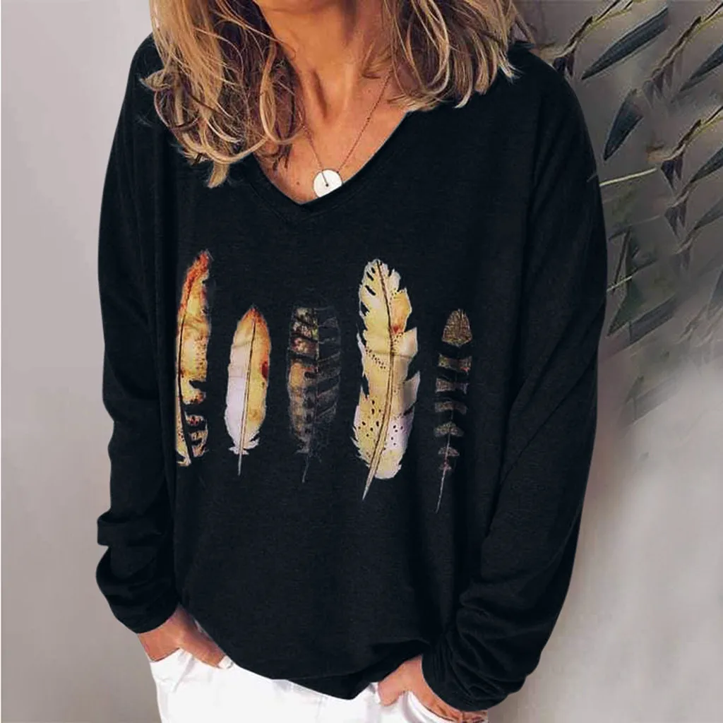 Блузка женская с принтом перьев модный топ для отдыха белая Свободная рубашка V