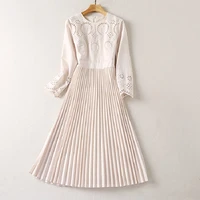 hollow out embroidery dress 2021 autumn party vestido special occasion women pleated patchwork mid calf long sleeve dress festa