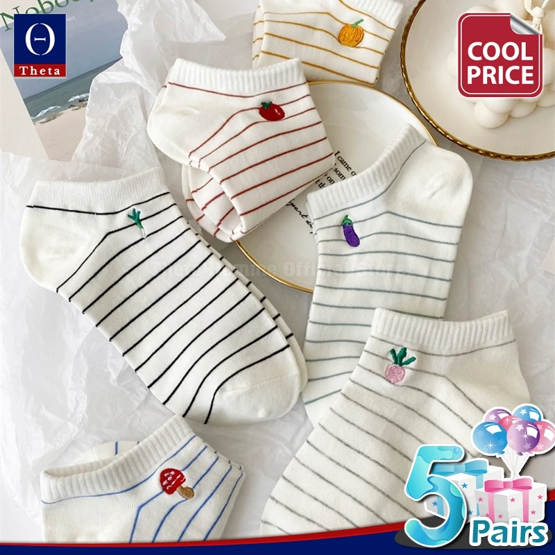 

THETA 5 Pairs Children's Striped Socks Summer Thin Style Breathable Low Top Anklet Woman Kawaii No-Show Sock Slippers