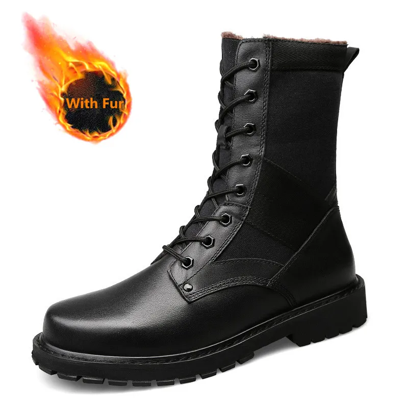 

Luxury Brand Men's Casual Genuine Leather Shoes Motorcycle Tactical Military Combat Boot Winter Platform Warm with Fur Snow Boot