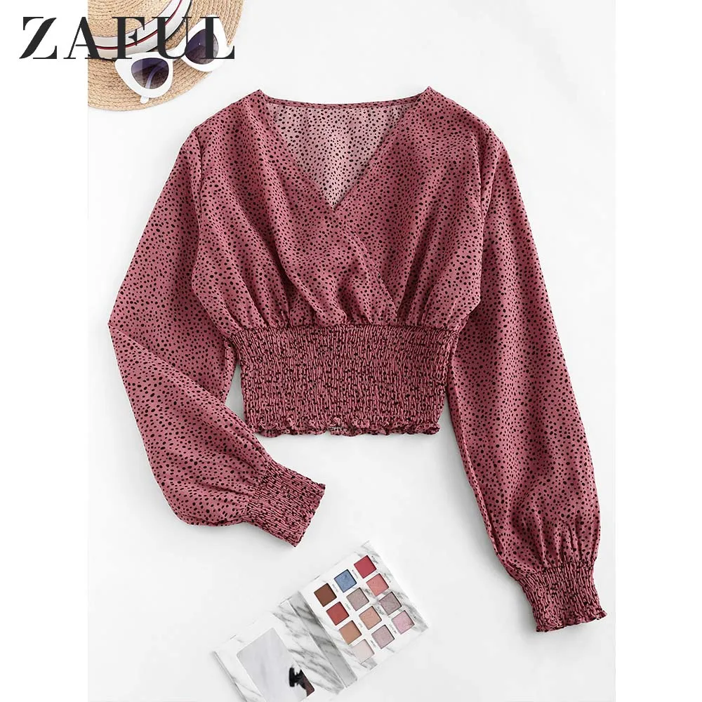 Женская блузка с длинным рукавом ZAFUL повседневная укороченная в горошек и v