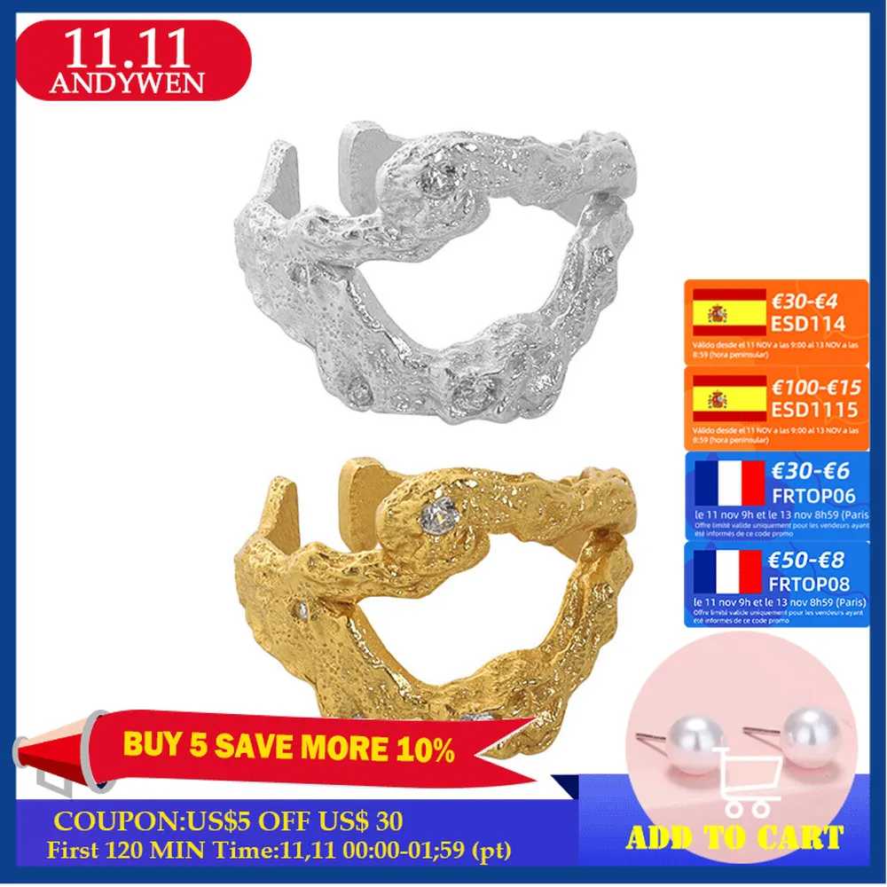 

Женские регулируемые кольца ANDYWEN, из стерлингового серебра 925 пробы с золотистым цирконом, с изменяемым размером, модные ювелирные украшени...