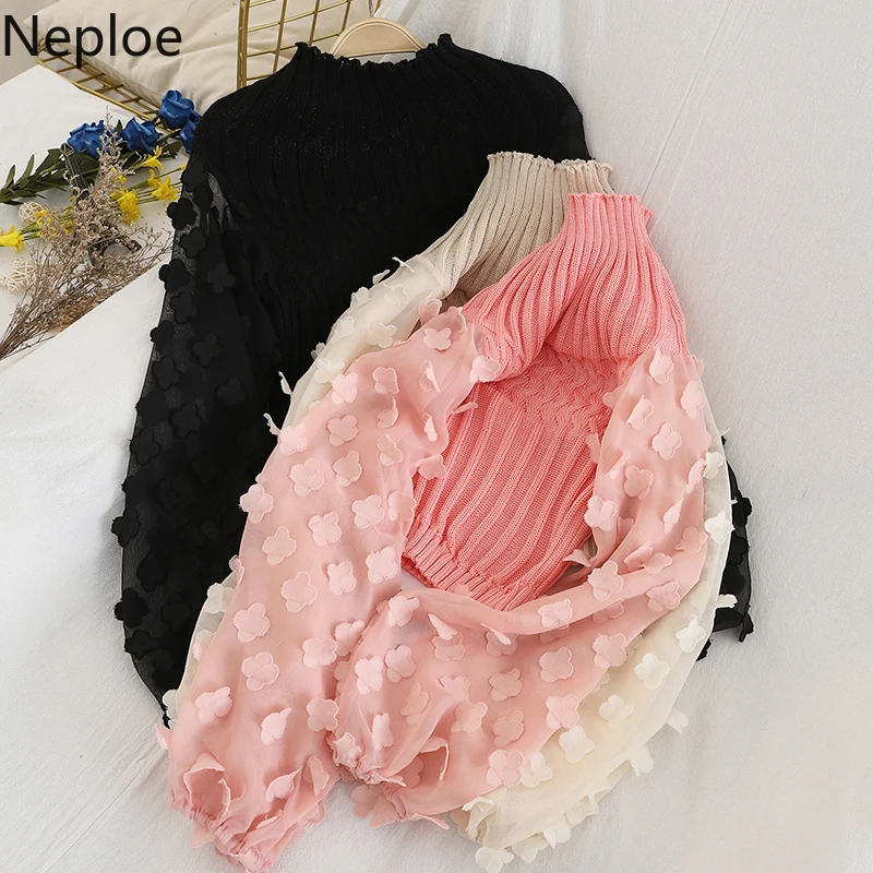 Neploe корейский контрастный цвет Аппликации патч Сетчатое платье-фонарь рукав