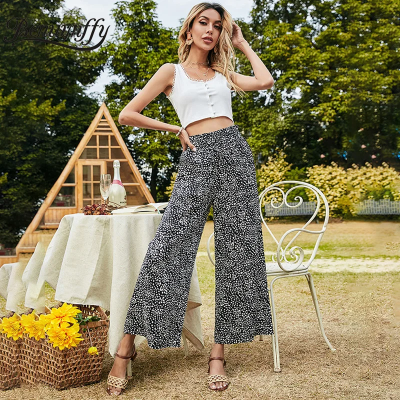 

Benuynffy Summer Holiday Style Print Wide Leg Pants Women New Arrival 2021 Boho Casual Loose High Waist Trousers For Ladies