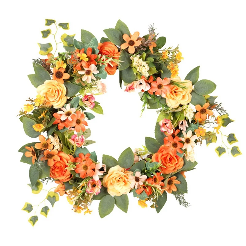 

Artificial Chrysanthemum Daisy Peony Flower Wreath With Green Leaves For Front Door Window Wall Wedding Party Home Decor