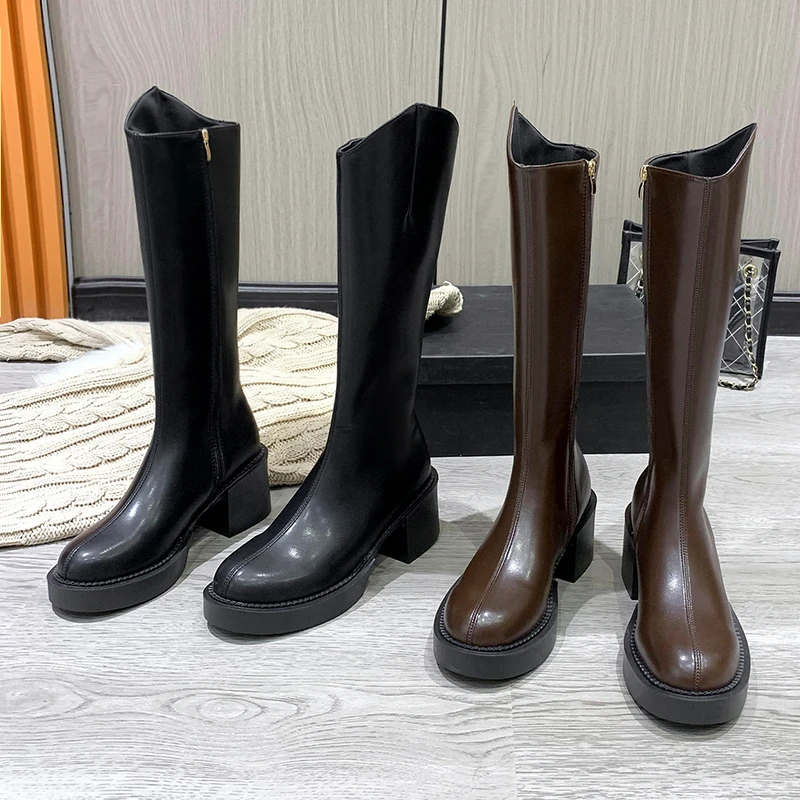 

Женские высокие сапоги до колена, модные дизайнерские сапоги в готическом стиле, на платформе, с плюшем и мехом, Осень-зима 2021