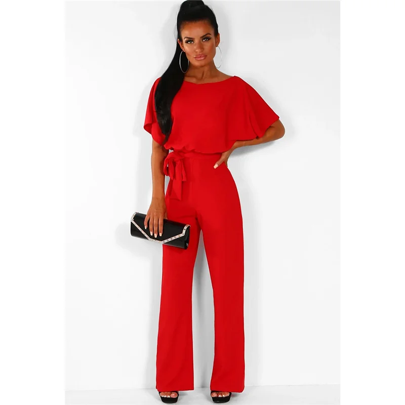 

Summer Women's Lace-up Short-Sleeved Jumpsuit 2021 New Large-Size Temperament Mid-waist Straight-leg Casual Wear Feminina GH127