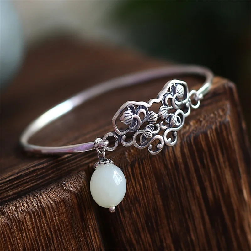 

S925 Sterling Silver Bracelet Hollow Butterfly Natural Hetian Jade Ethnic Style Retro Thai Silver Ladies Bracelet Jewelry Gift