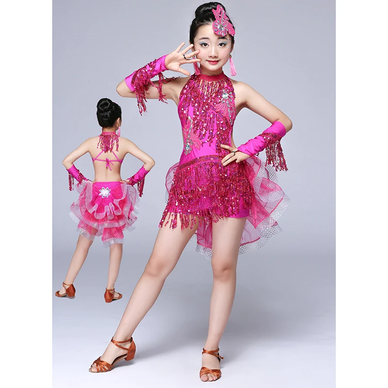 Платье с бахромой и блестками для сальсы Детские платья Одежда латинских танцев