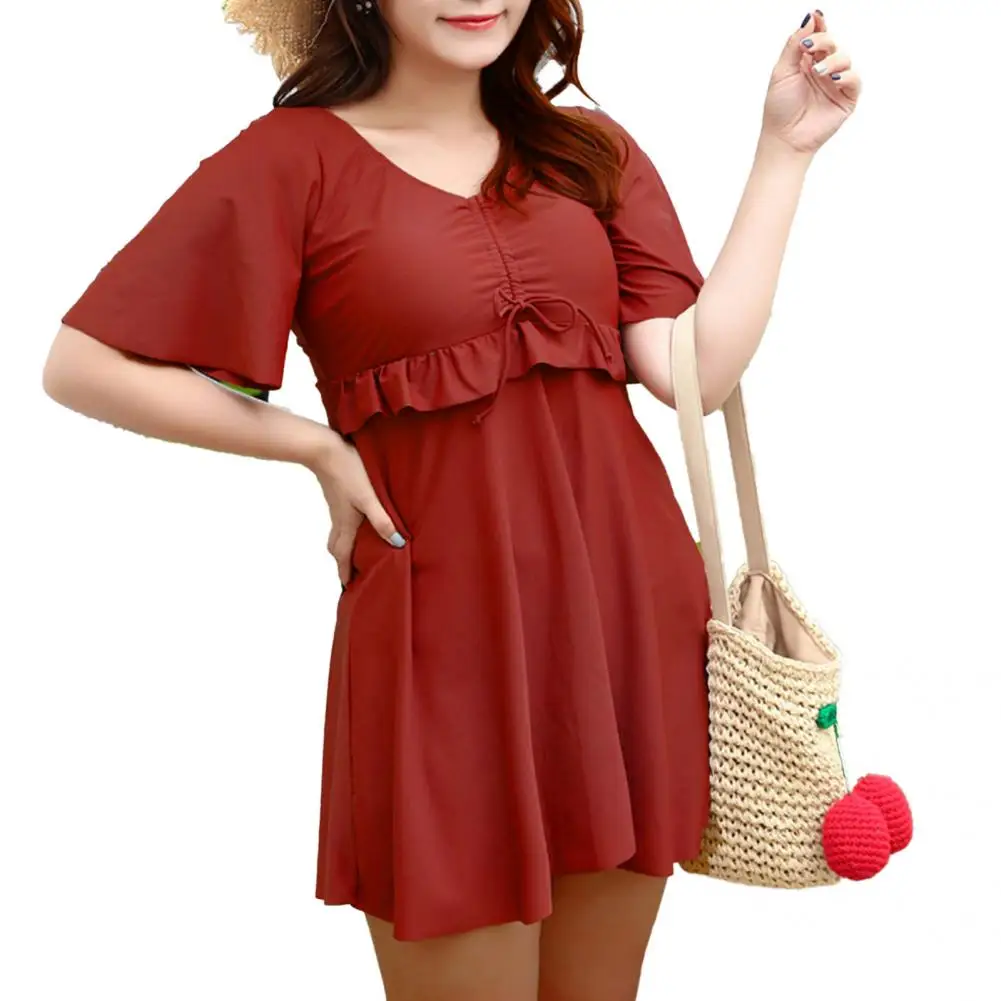 

One-piece Chic Solid Color Loose Hem Women One-piece Swimsuit Simple Women Swimsuit Drawstring for SPA