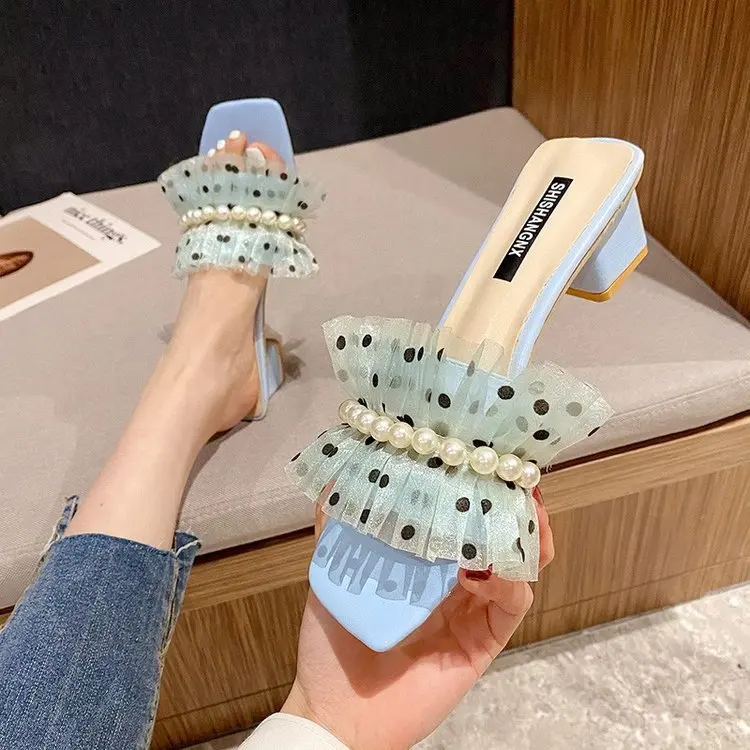 

Cool Slippers Women Wear New Slippers In The Summer of 2021, Pearl Square Head Thick Heels, Korean Women's Temperament Shoes