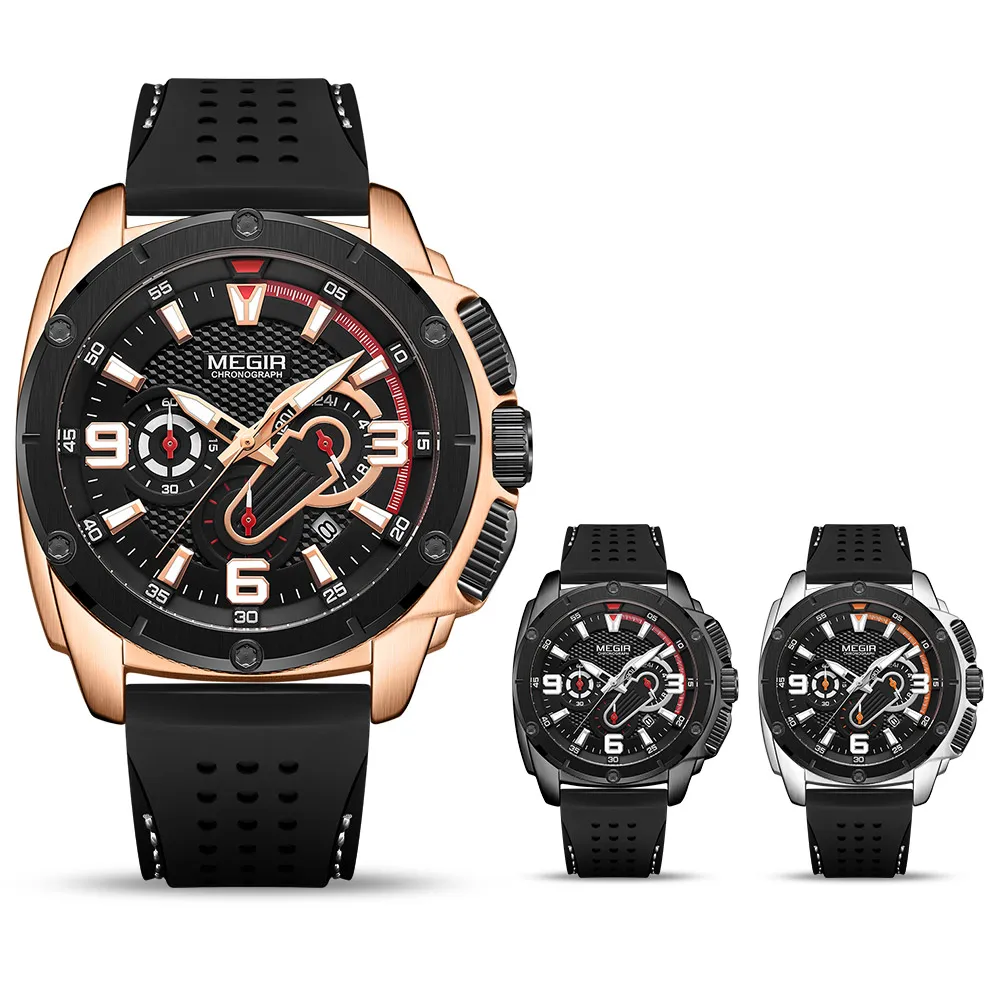 MEGIR черные спортивные часы для мужчин военные армейские Мужские Силиконовые