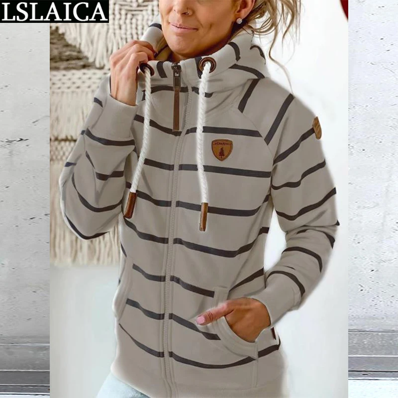 

Sweatshirts Vintage Autumn Winter Plus Size Zipper Women Tops Long Sleeve Fashion Striped Pocket Hoodies Sweatshirt Streetwear
