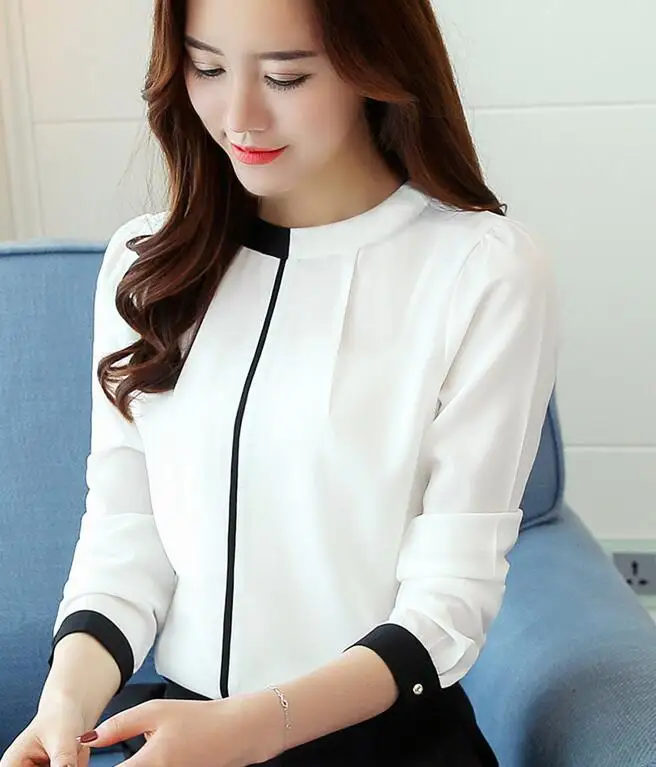 

Hanxiner Free Shipping Best-selling Leisure Korean Round Collar Color Block Long Sleeve Woman Chiffon Blouse