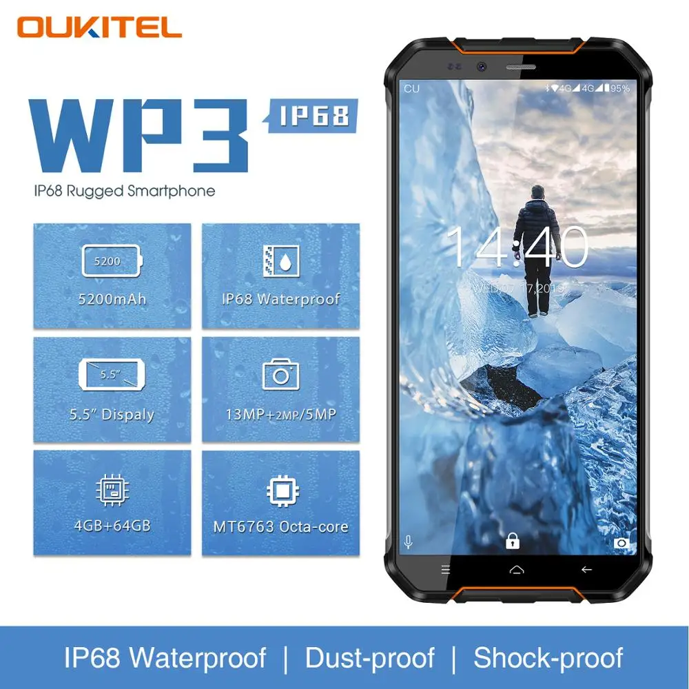 OUKITEL WP3 IP68 Waterproof Dust Shock Proof 4GB 64GB Mobile Phone 5.0&quot 18:9 MTK6763 Octa Core 5200mAh Fingerprint Smartphone |