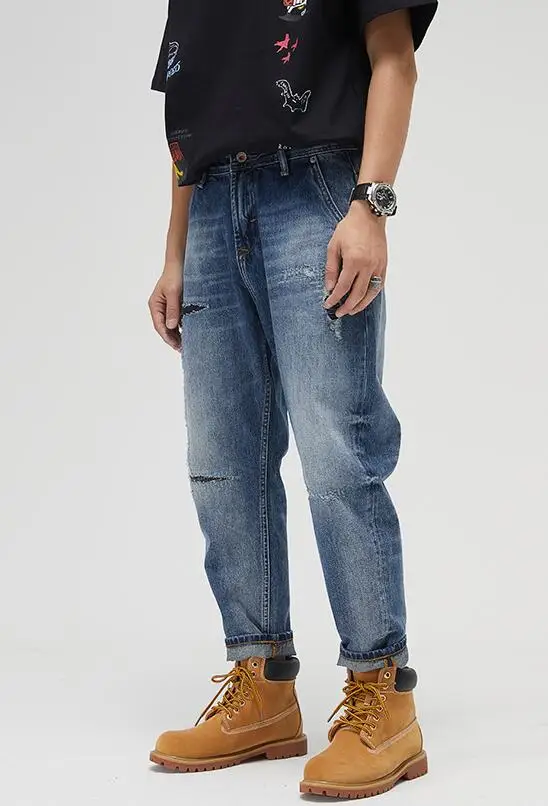 Men Jeans Denim Loose Straight Leg Ripped Patch Jeans Men Retro Beggar Ripped Jeans