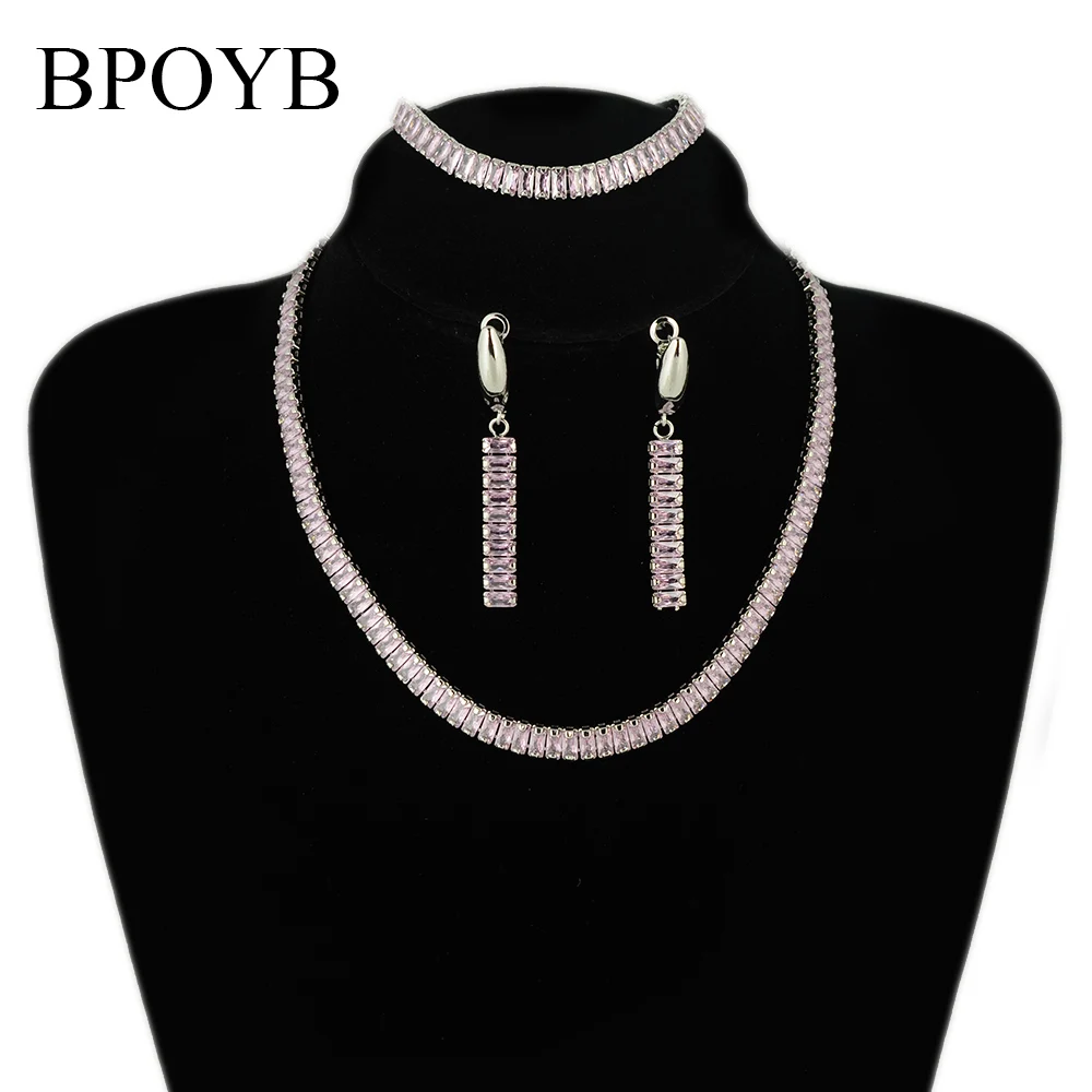

BPOYB Luxury Pink Crystal CZ Zircon Bridal Wedding Jewelry Set Women Silver Color Cubic Zirconia Earrings Necklace Bracelet