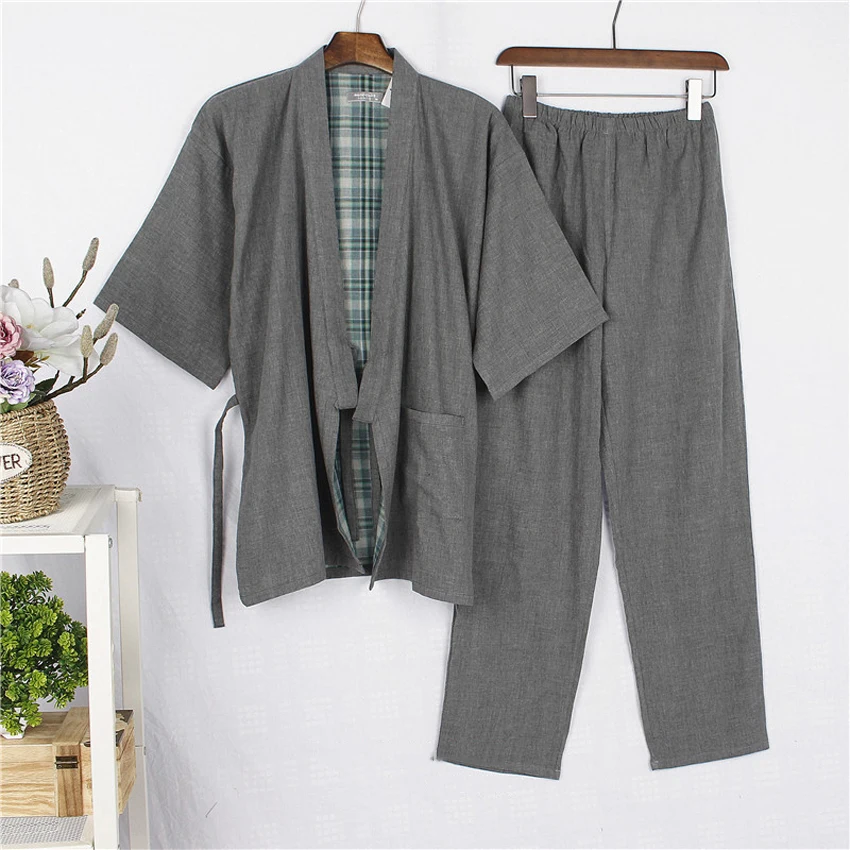 Хлопковое японское кимоно, одежда для сна для самураев, мужские топы Haori+ штаны, комплект одежды, традиционная Мужская пижама-кимоно, ночная рубашка Jinbei