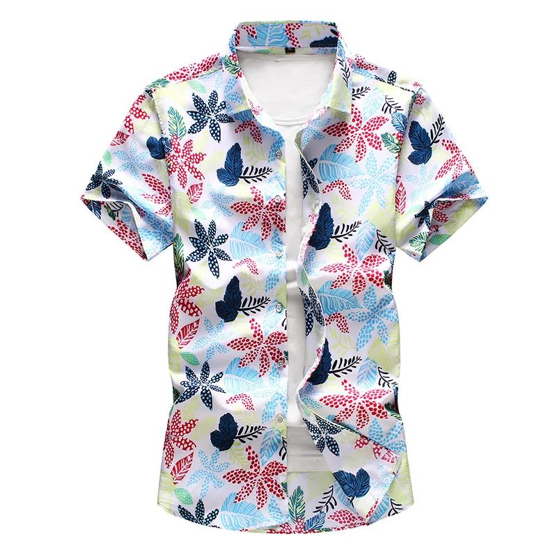 

New Men Hip hop floral print Hawaiian Beach casual white shirt Plus Size 7XL man Slim fit Short sleeve shirt camisa masculina