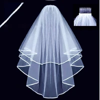 tulle white ivory two layers wedding veils ribbon edge comb cheap wedding accessories short bridal veil
