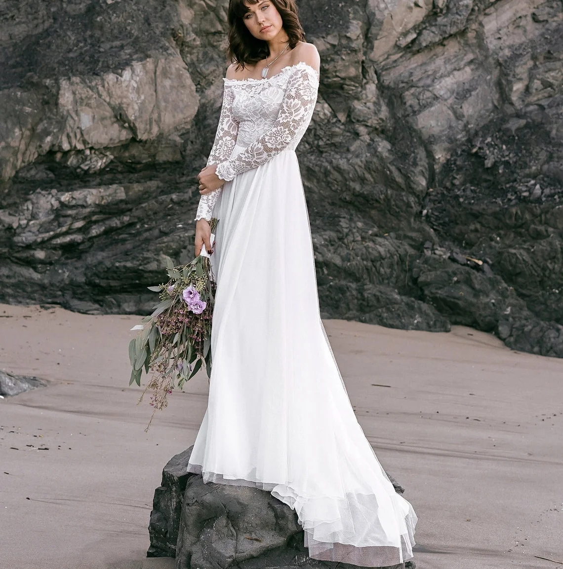 

11620# Long Sleeve A-Line Lace Strapless Sweep Train Bohemian Off-Shoulder Open Back Wedding Dress Wedding Gown Bridal Gown