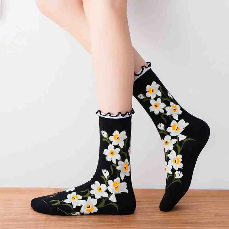 

Women Middle Tube Socks Floral Art Ankle Socks Fashion Ruffled Sock Warm Lady Mid Tube Socks Harajuku Casual Cotton Sock