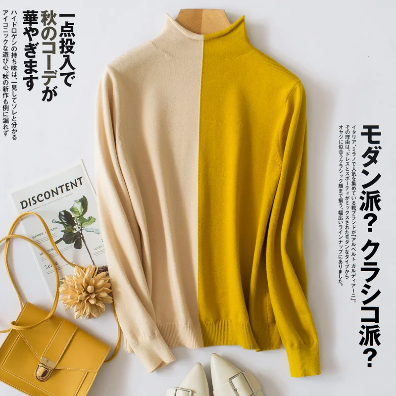 2020 Turtleneck Women's Cashmere Sweater Stitching Short Knit Fashion Casual Pullover Long-sleeved Warm Jumper Pullovers | Женская