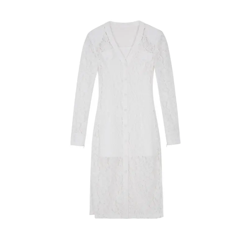 

XITAO Spring New Hollow Out Lace Dress Solid Color Splicing V-neck Collar Long Sleeve Slim Temperament All-match Women ZY5320