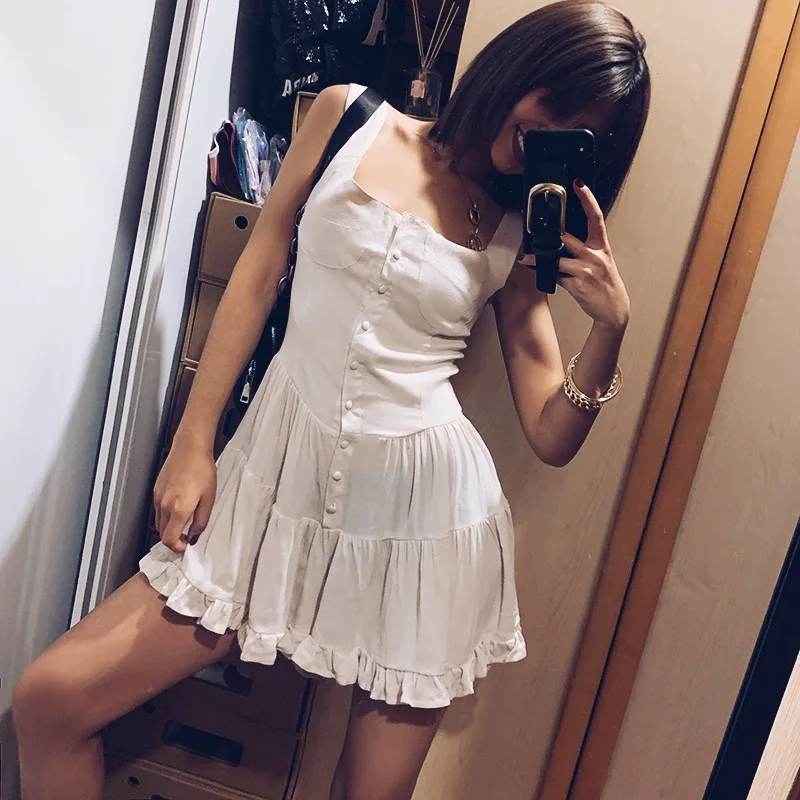 Женское плиссированное платье хлопковое бежевое мини пляжное на кнопках без