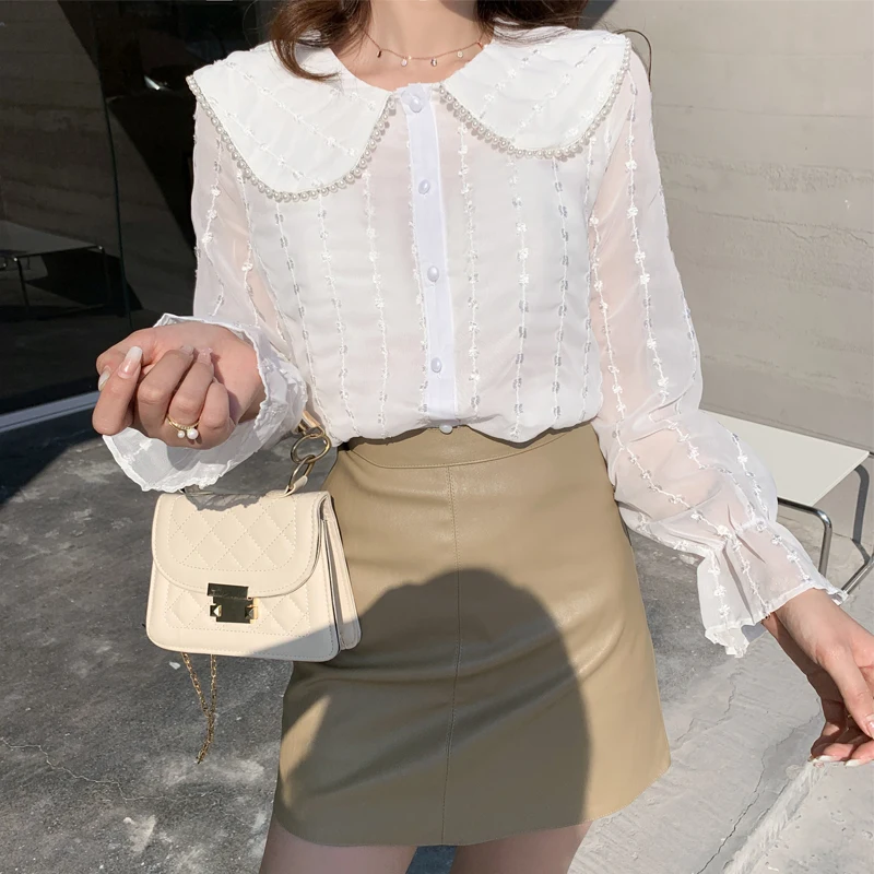 

Fashion shirt 2021 spring trumpet sleeve doll collar beaded chiffon shirt casual hot sale long sleeve top