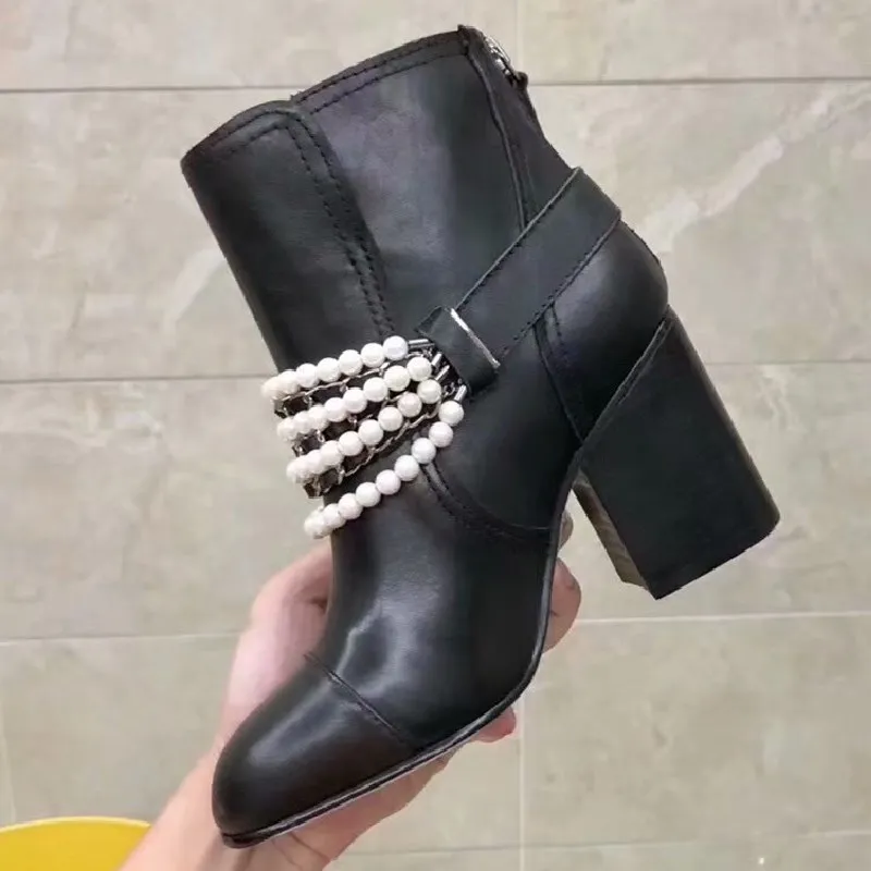 

Prowow Woman Boots High Heels Zip Pearl Chain Decoration Boots Women Black Genuine Leather Round Toe Women shoes Fashion