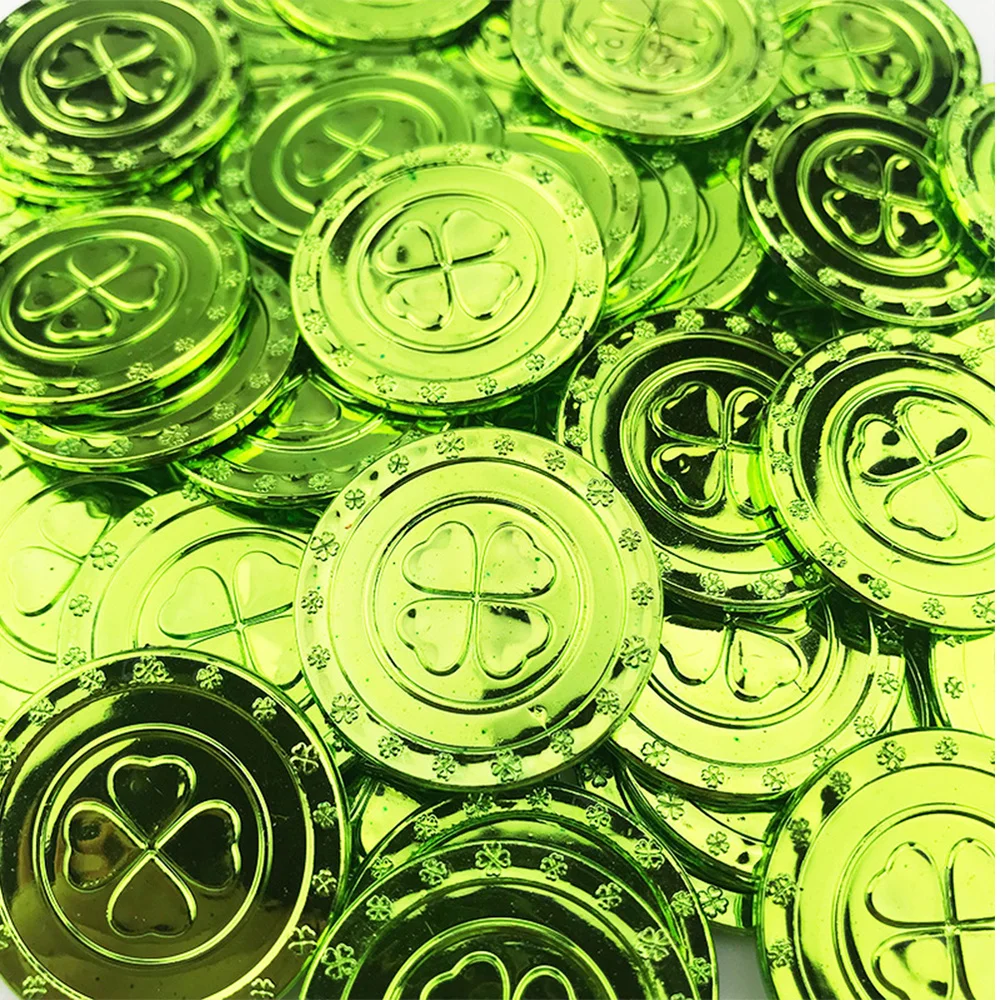 

100pcs Golden Coins Kids Gold Coins Four Leaf Coins Funny Playing Toys for Children (Green)