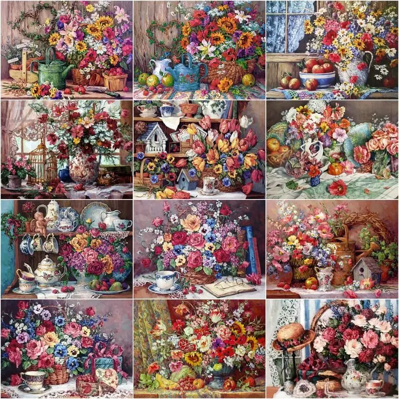

CHENISTORY Painting By Numbers Flower In Vase Kits Handpainted DIY For Adults Drawing On Canvas Teacup Home Decor 40x50cm