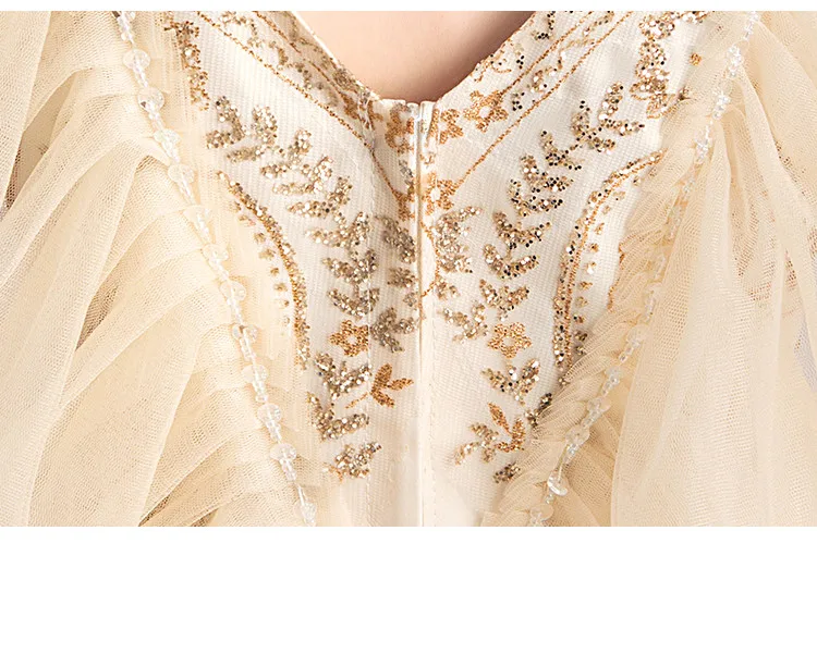 Детское свадебное платье принцессы из тюля с золотыми блестками и v-образным