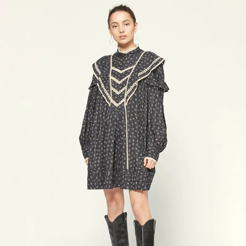 

DUISNENA boho dress long lantern sleeve women dresses mini vintage floral print lace ruffled cute doll casual robe vestidos