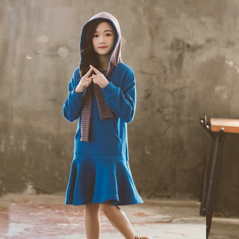 Бархатные платья для девочек подростков Зима 2019 г. теплые толстовки с капюшоном